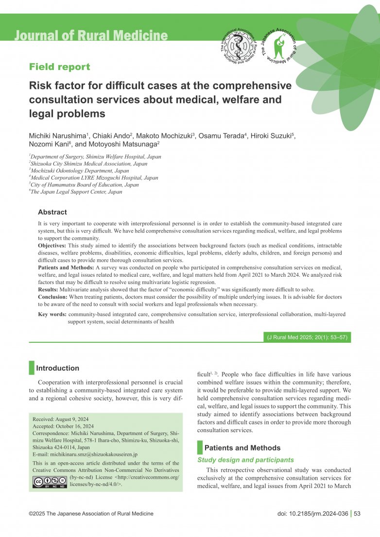 成島道樹先生(論文)Risk factor for difficult cases at the comprehensive  consultation services about medical, welfare and legal problems